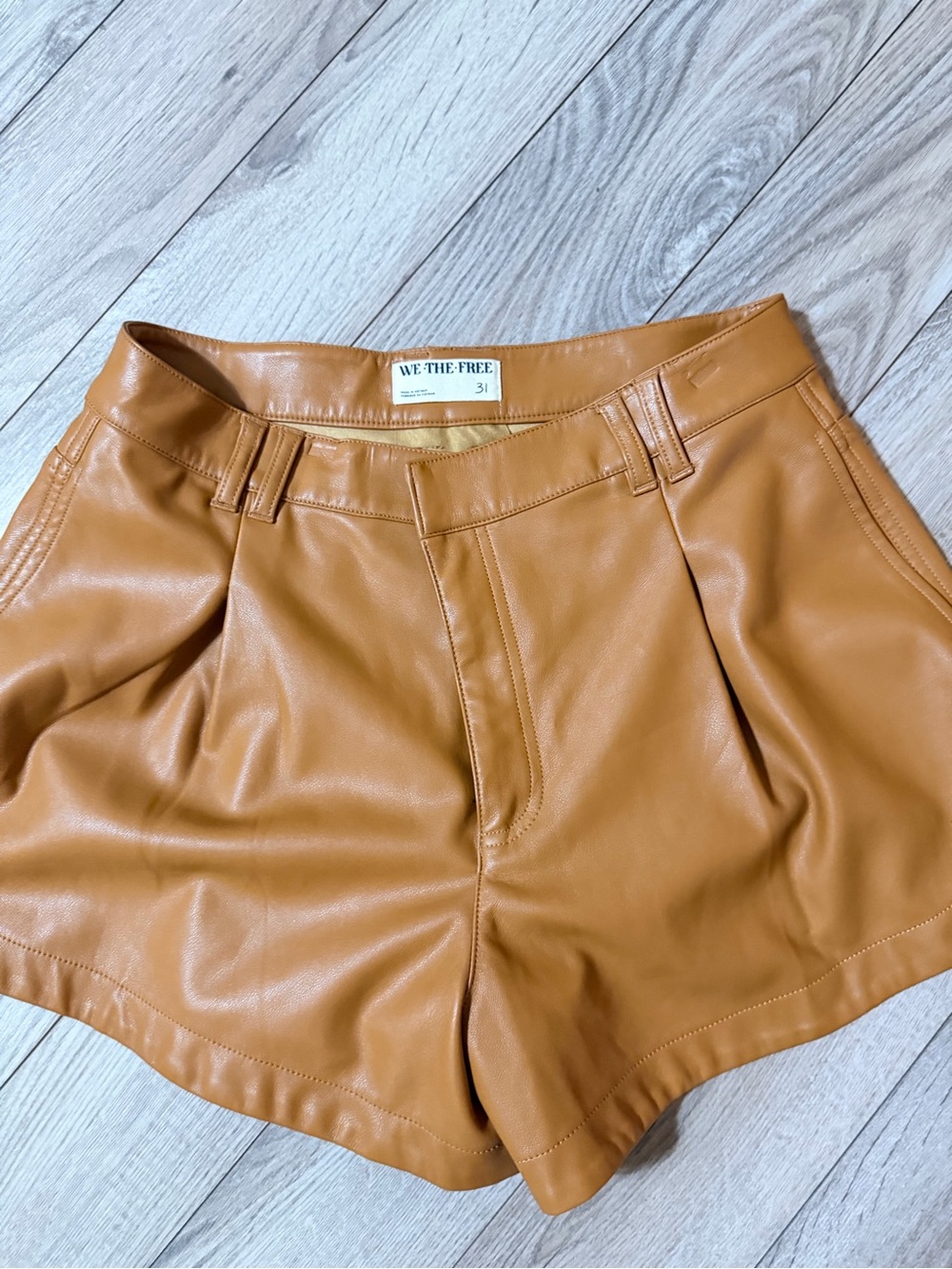 We The Free Cognac Faux Leather High-Waist Pleated Shorts
